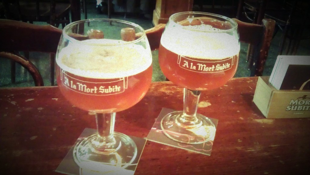The unique sour Gueuze beer, served at room temperature at A La Morte Subite, a famous café preserved in its early 20th century decoration